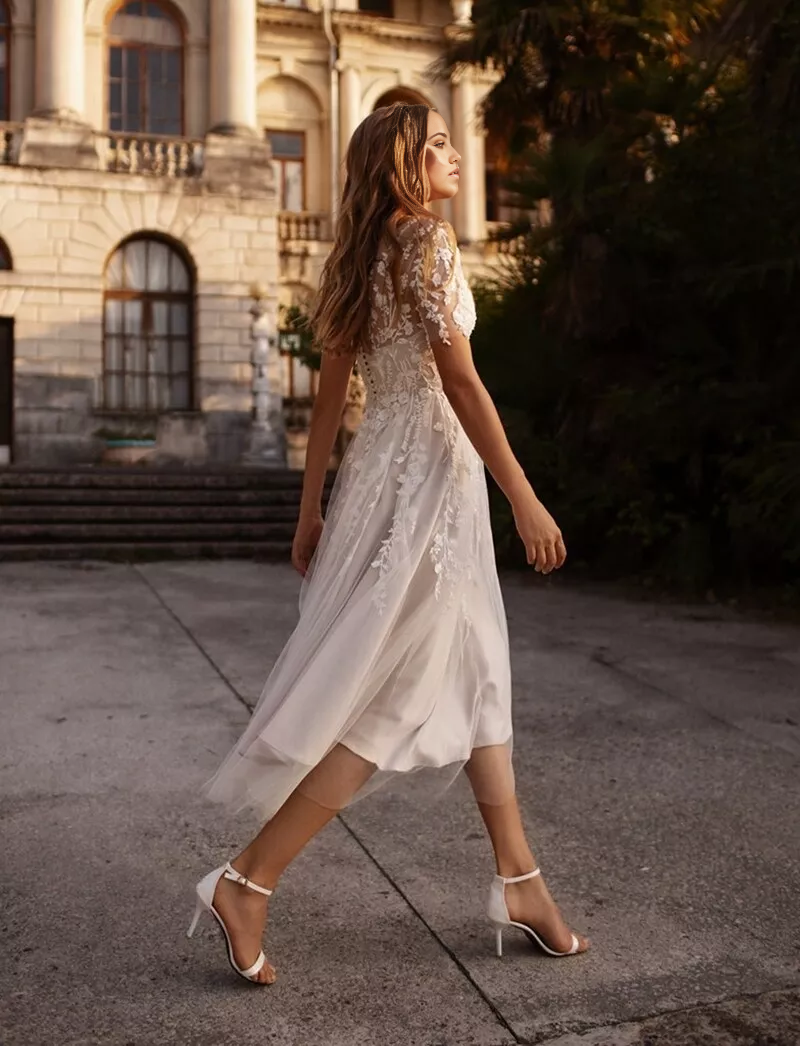 Wholesa A-Line V-Neck Tea Length Sleeves Ethereal Button Back Wedding Dress